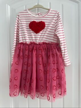 Little Lass Pink Striped Heart Tulle Dress with Red Heart